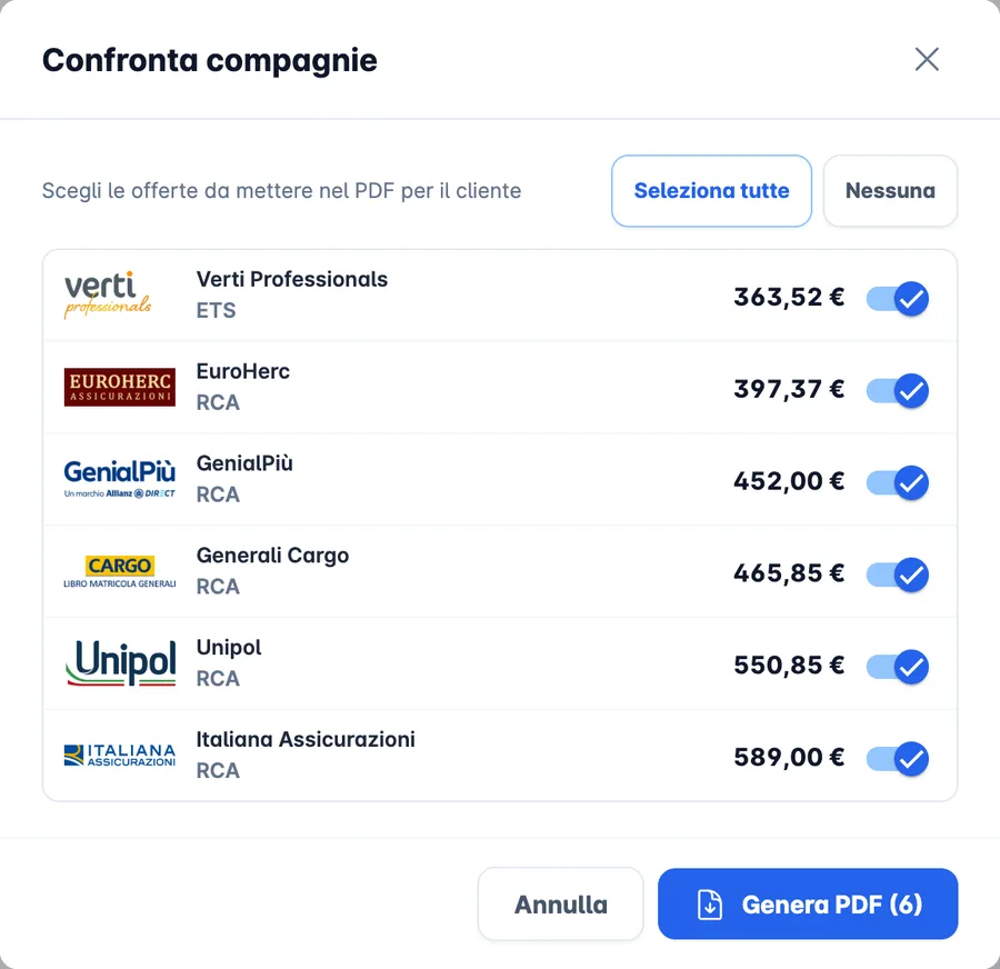 AssicurApp: confronto delle offerte di sei compagnie, con la scelta di quali mettere nel PDF per il cliente