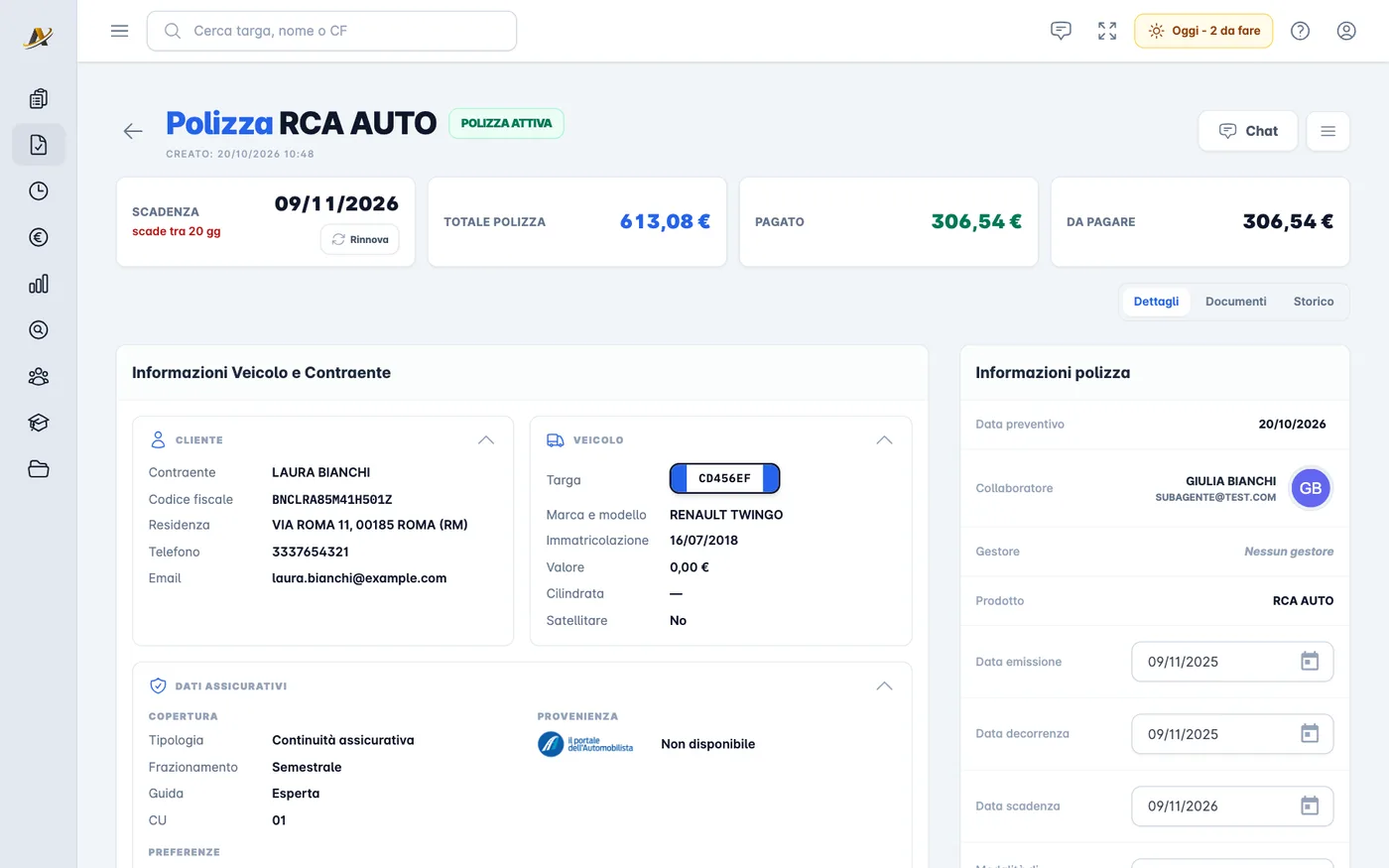 Il dettaglio di una polizza in AssicurApp: scadenza, totale, pagato e da pagare, dati del cliente e del veicolo (dati dimostrativi)