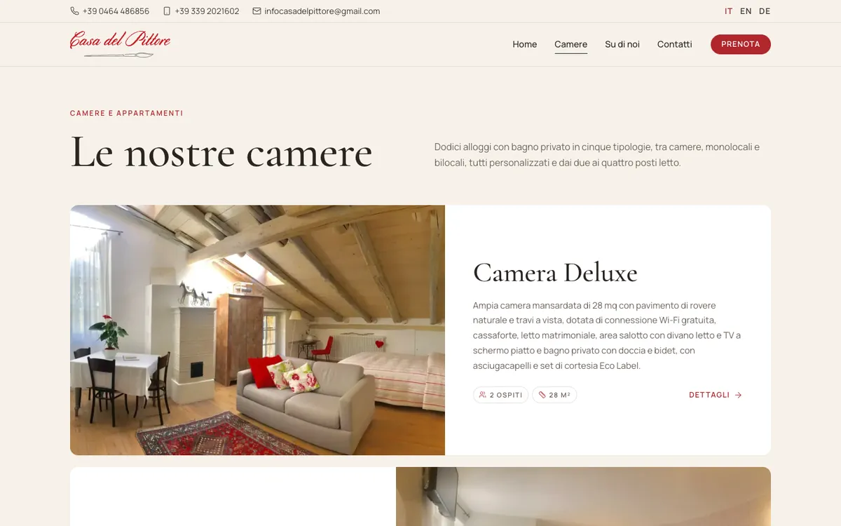 La pagina delle camere nel nuovo sito: ogni soluzione con foto, descrizione, ospiti e metri quadri