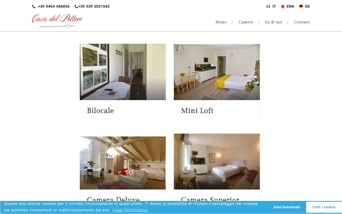 La pagina delle camere nel vecchio sito: riquadri con foto e nome