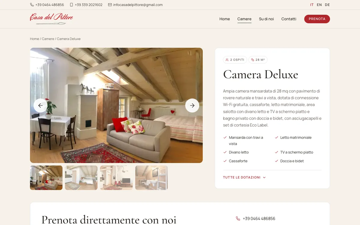 La Camera Deluxe nel nuovo sito: galleria, descrizione e dotazioni affiancate, con la prenotazione diretta sotto